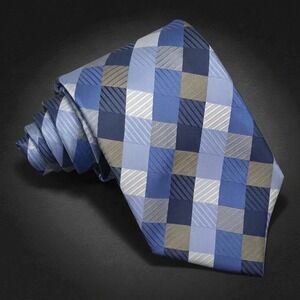 Geoffrey Beene Satin Glass Tie Mens Blue Grey Silk Geometric Patchwork Handmade